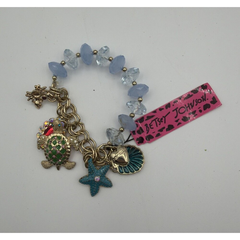 Betsey Johnson Charm Bracelet Blue Beads Turtle Starfish Gold Tone